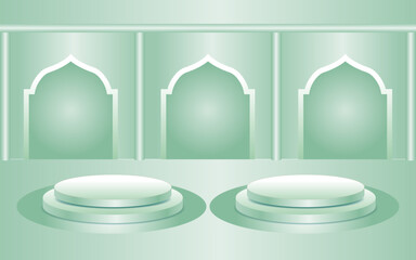 Realistic 3D light turquoise green and gold podium background with set of  Arabic style windows. Vector illustration