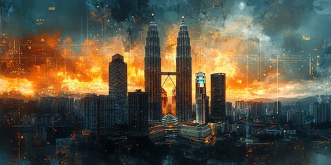 Fototapeta premium Majestic twin towers stand amidst a vibrant and dynamic cityscape