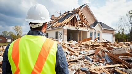 Fototapeta premium Construction worker assessing damaged house, debris scattered around, a suburban home with a destroyed roof.