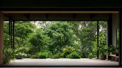 Lush Green Trees Viewed Through Large Windows of a Modern Home
