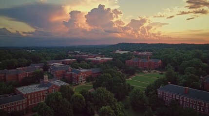 Fototapeta premium Panoramic view of a university campus at sunset, showcasing sprawling grounds, brick buildings, and lush greenery.