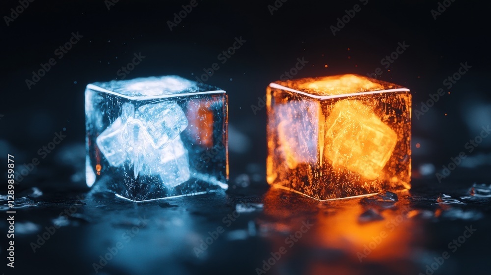 Poster Frozen and Fiery Cubes Captivating Contrast of Ice and Flame Textures in Moody Lighting  Abstract background featuring two cubes   one made of transparent