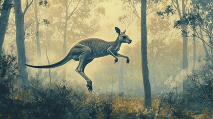 A leaping kangaroo is displayed in a misty eucalyptus forest