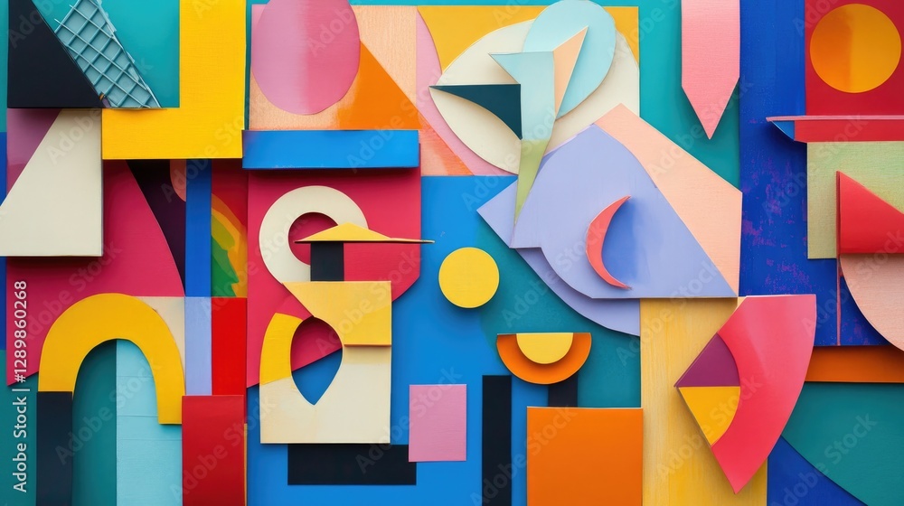 Poster a visually dynamic layout of colorful paper cutouts in various geometric shapes, ideal for creative 