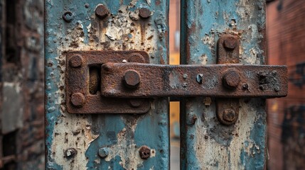 A vintage metal gate, its rusty hinges and peeling paint offering a glimpse into a forgotten industrial alley, conveying a sense of history and abandonment.