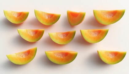 Colorful Melon Slices Arranged on White Background for Freshness