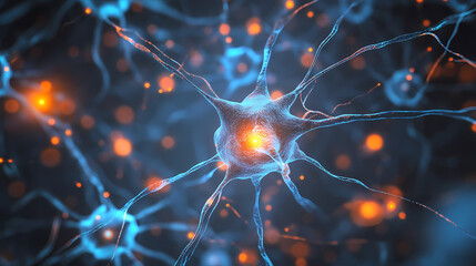 Blue and orange glowing neuron model
