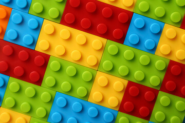 Constructor toy. Many colorful building blocks as background, top view