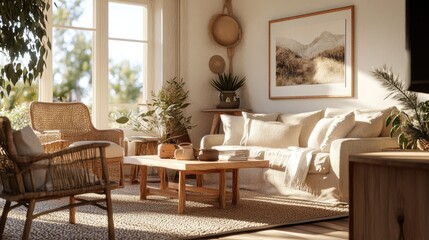 Obraz premium A warm and inviting boho farmhouse living room with natural textures, earthy tones, and cozy furnishings, rendered in high-fidelity detail for a realistic ambiance.