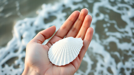 A close-up of a hand holding a beach shell with ocean waves in the background – Generative AI