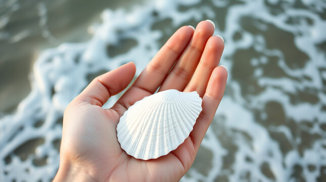 A close-up of a hand holding a beach shell with ocean waves in the background &ndash; Generative AI