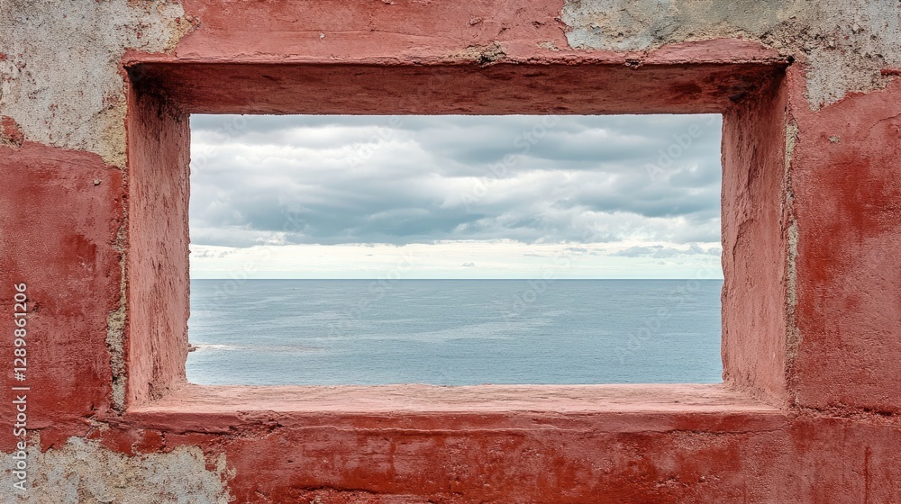 Aufkleber a weathered red stone window frame showcasing a glimpse of the expansive ocean, with the sky above p