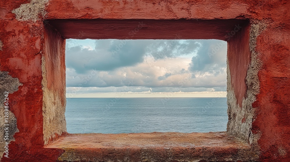 Poster a weathered red stone window frame showcasing a glimpse of the expansive ocean, with the sky above p