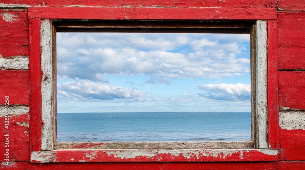 Aufkleber A weathered red window frame with an ocean view, the soft clouds above adding to the tranquil, serene mood, offering a quiet moment of reflection.