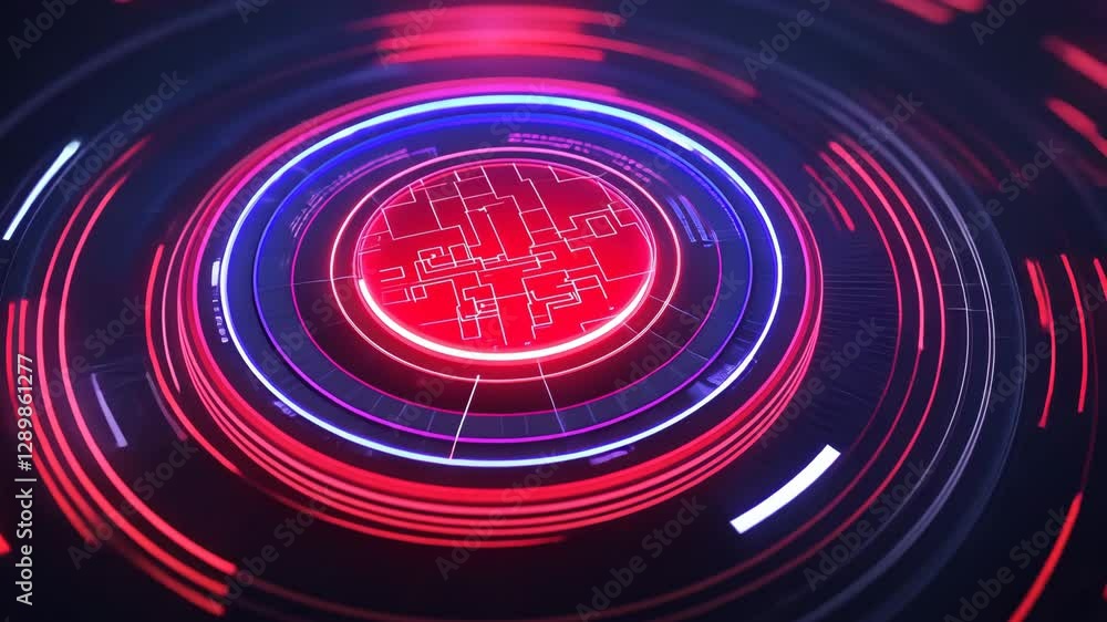 Poster glowing red and blue digital interface with circular patterns and geometric shapes futuristic techno