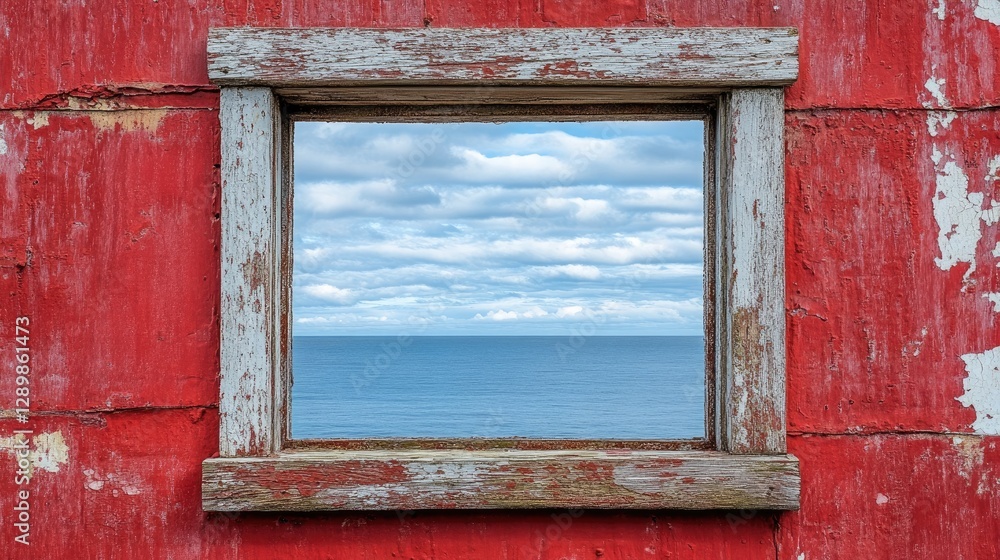 Leinwandbilder a weathered red window frame with an ocean view, the soft clouds above adding to the tranquil, seren
