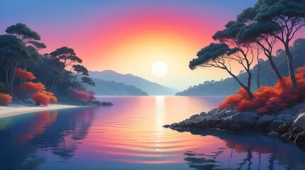 Serene mountain lake after sunset with tree silhouettes and reflections.