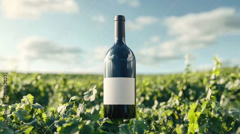 Poster a wine bottle mockup placed in front of a lush vineyard landscape under the daylight, creating an id