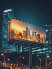billboard mockup in a busy urban setting at night