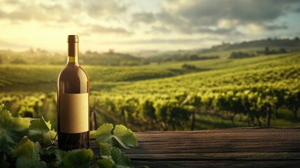 A wine bottle mockup positioned in front of a lush, green vineyard, with daylight illuminating the scene, perfect for wine packaging or branding photoshoots.