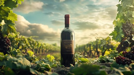 Fototapeta premium A wine bottle mockup positioned in front of a lush, green vineyard, with daylight illuminating the scene, perfect for wine packaging or branding photoshoots.
