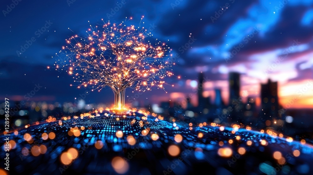 Poster captivating nighttime cityscape with a glowing sparkling tree that illuminates the urban skyline cre