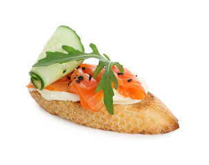 Delicious bruschetta with cream cheese, salmon and cucumber isolated on white