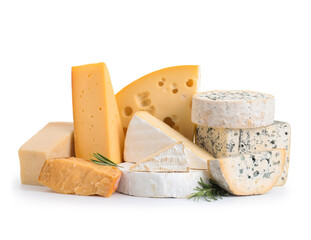 Different types of cheese and rosemary isolated on white