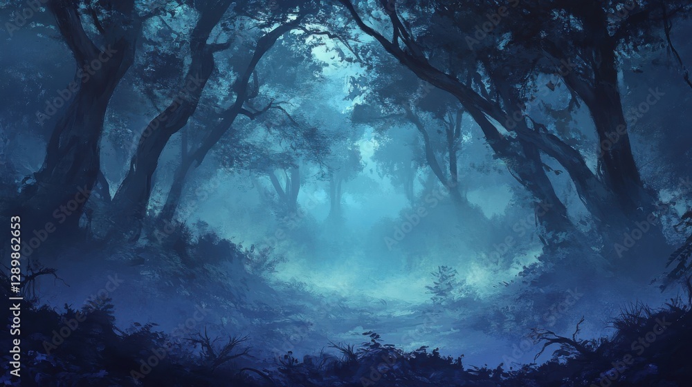 Poster dark trees and a path in a mysterious blue forest