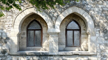 Obraz premium Two arched windows with stained glass in a stone wall.