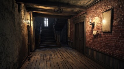 Obraz premium An abandoned mansion with wooden floorboards, dim lighting, and exposed brick walls, featuring damp, mouldy walls that evoke a sense of neglect and mystery.