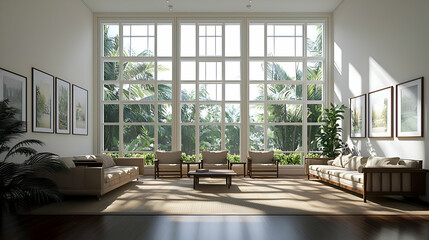 Fototapeta premium Bright Modern Living Room with Large Windows and Sunlight