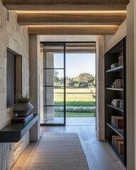 Modern Interior Hallway With Stone Walls Open To Natural Landscape View