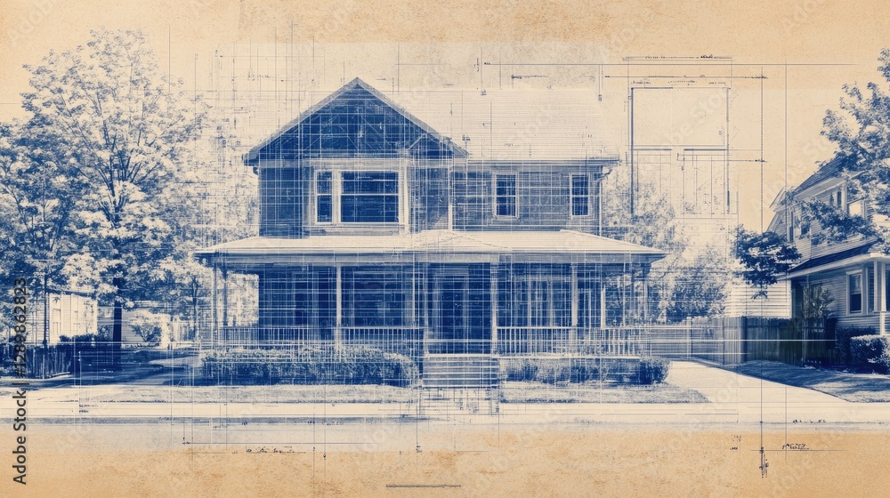 Poster an architectural blueprint mockup with a subtle photo effect overlay, showcasing construction and de