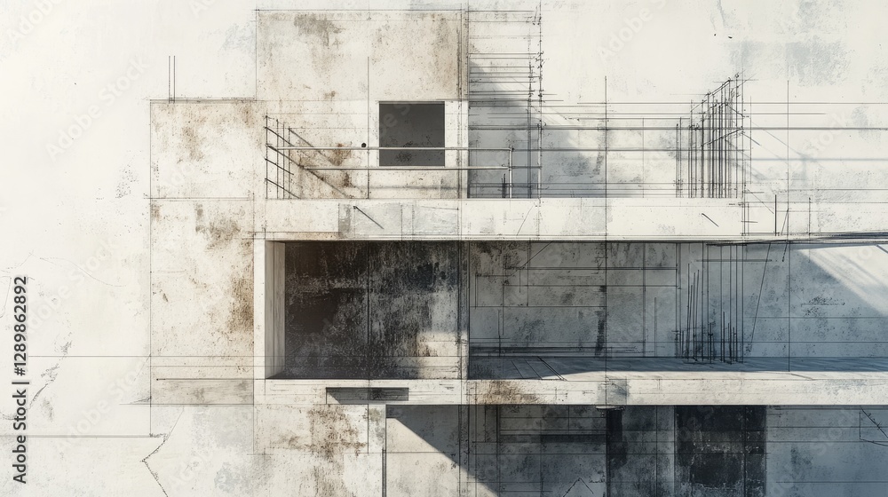 Poster an architectural blueprint mockup with a subtle photo effect overlay, showcasing construction and de