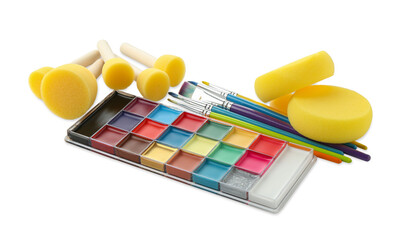 Bright face paint palette, brushes and sponges isolated on white