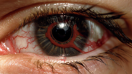 A person's eye is red and swollen, with a black pupil. generated using AI