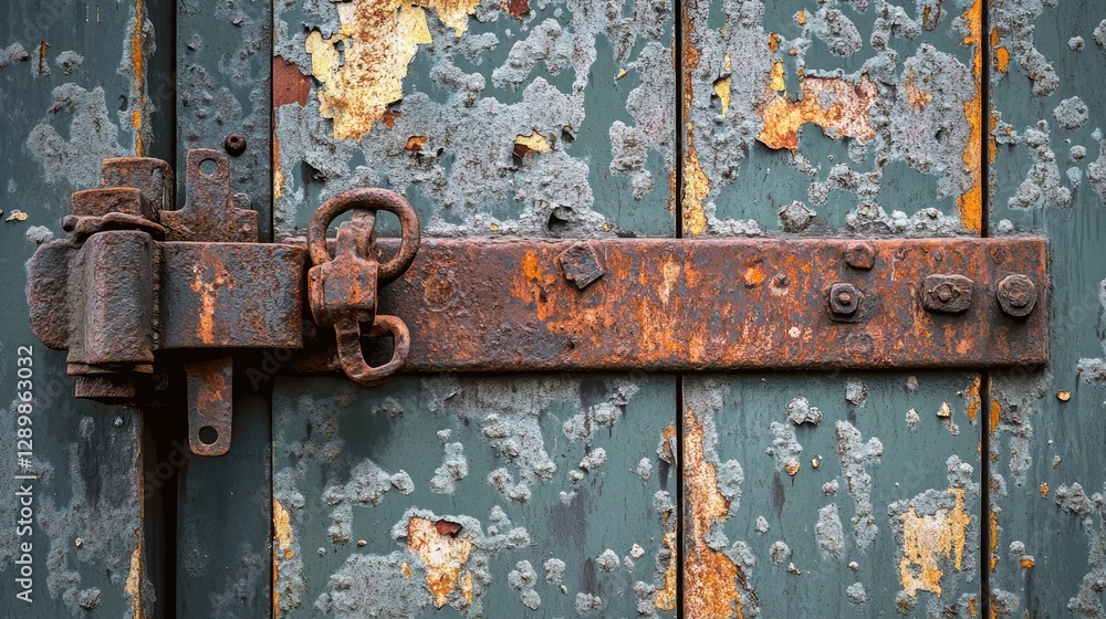 Aufkleber an industrial scene of a weathered metal gate with rusty hinges, the peeling paint and age worn look