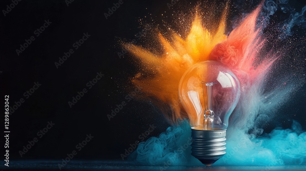 Poster glowing and illuminated light bulb exploding with a dynamic burst of electric energy representing th