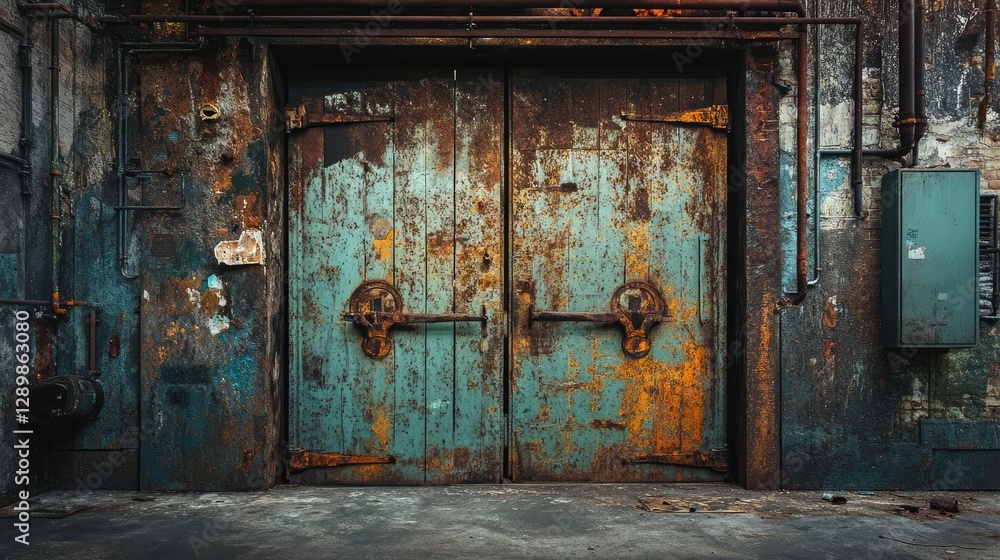 Poster an industrial scene of a weathered metal gate with rusty hinges, the peeling paint and age worn look