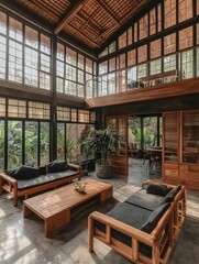 Modern Interior Living Space With Wooden Furniture Large Windows And View Of Greenery