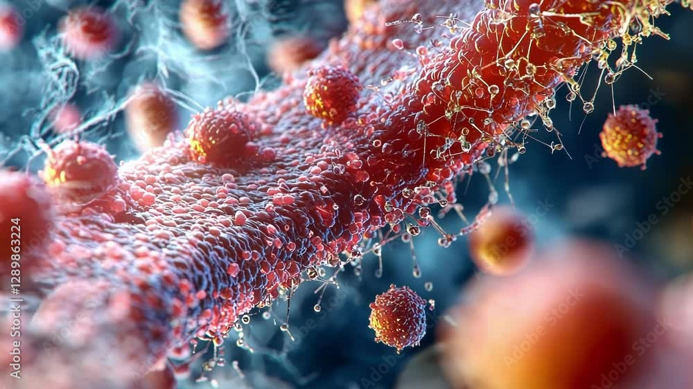 Poster detailed visualization of cellular structures, showcasing dynamic interactions and vibrant colors. h