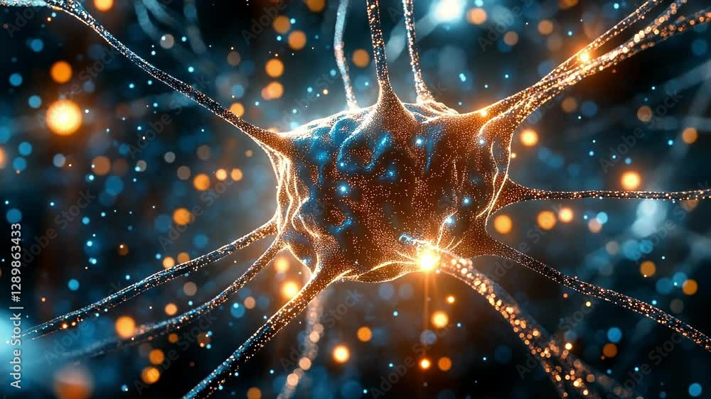 Poster glowing neural network with intricate synapses and connections, illustrating the complexity of the h