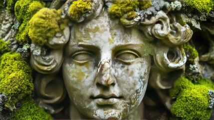 Obraz premium An old stone face with intricate features, crowned by vibrant moss, blending the forces of nature and time in a serene, contemplative scene.