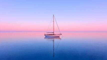 Serene sailboat at dawn, calm sea, peaceful sunrise, travel poster