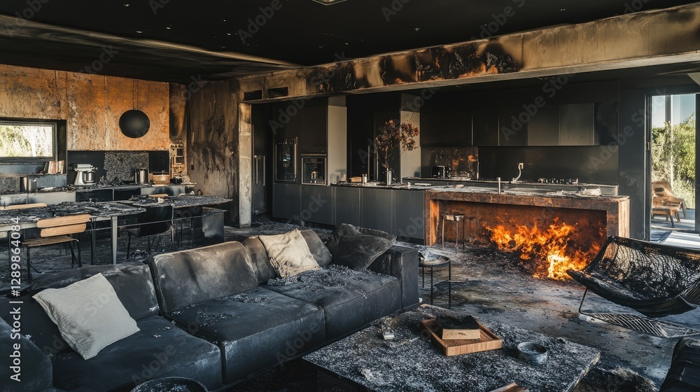 Poster charred furniture and blackened walls mark the aftermath of a devastating fire in this modern open-p