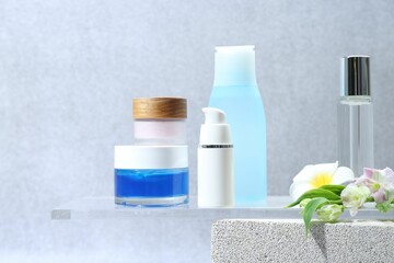 Presentation of body care products against blurred background