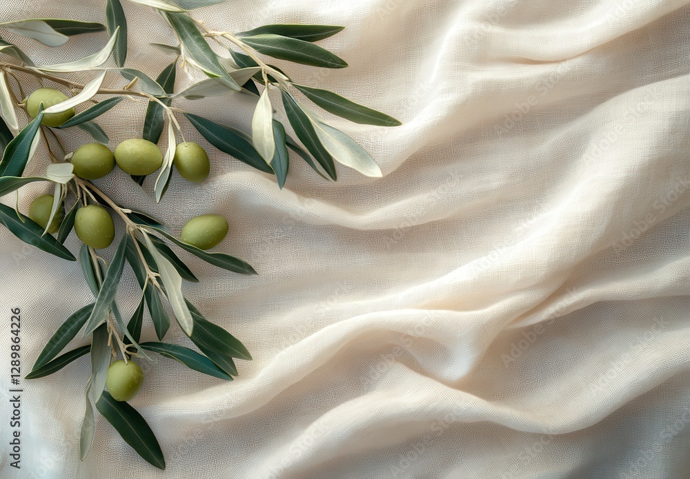 Poster olive branches with green olives on soft beige fabric creating a tranquil and elegant background sui