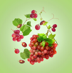 Fresh grapes in air on light green background