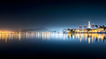 Obraz premium Night City Skyline Reflected in Calm Water